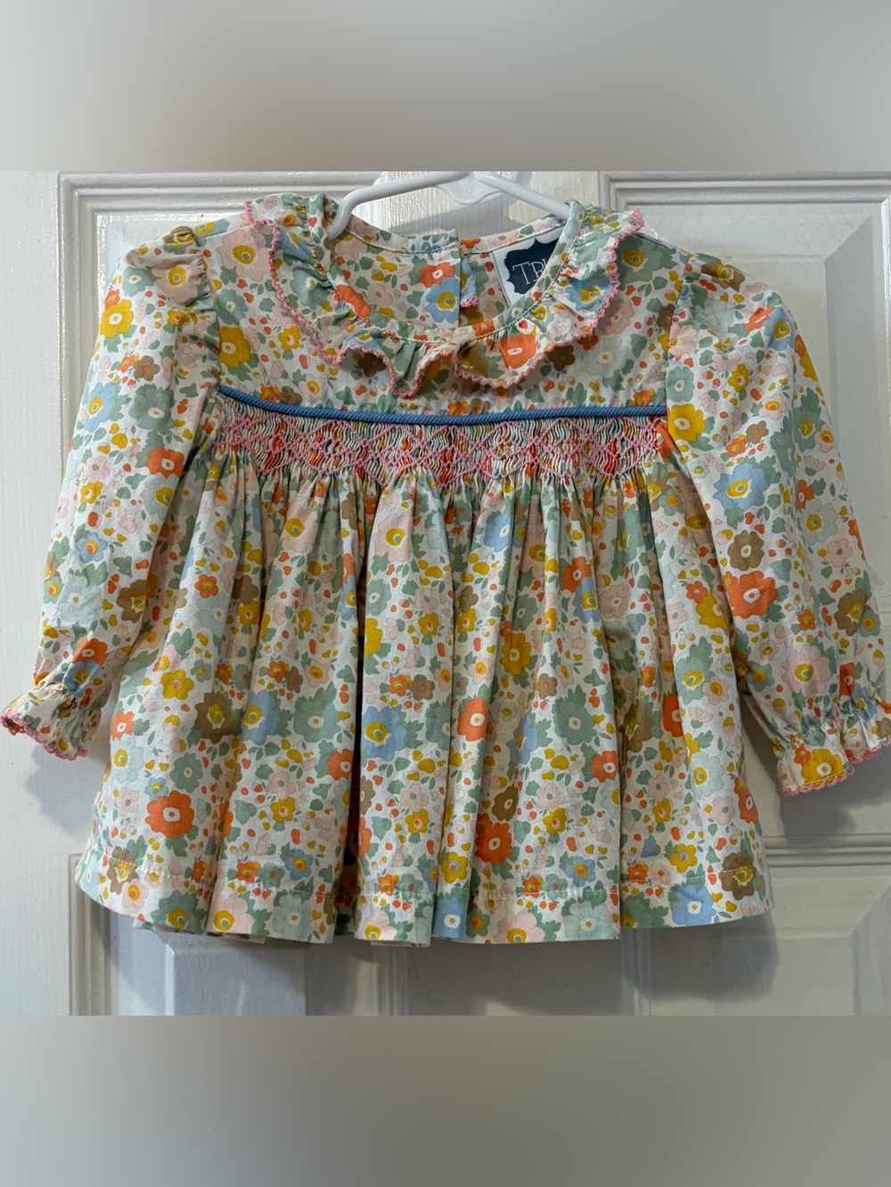 True Beautiful Brightly Color Floral Smocked Dress Ruffle Collar Size 6 Months